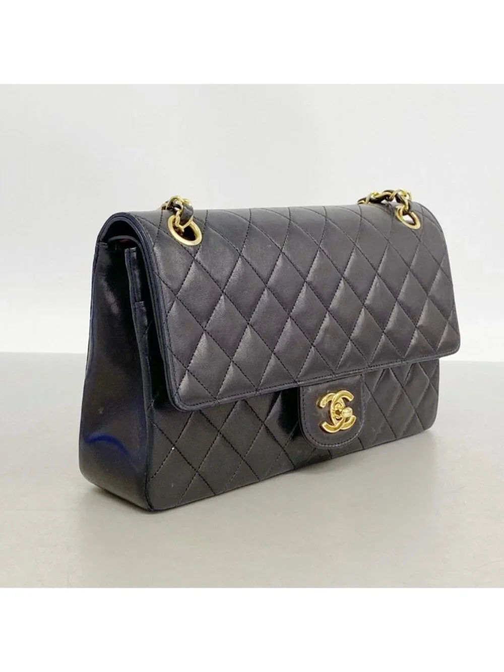 Chanel Shoulder Bag Quilted Lambskin Black Gold